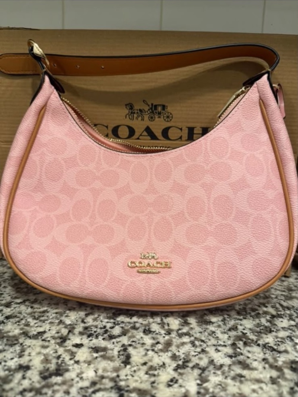 Coach Pink Signature Hobo Shoulder Bag with Tan Trim